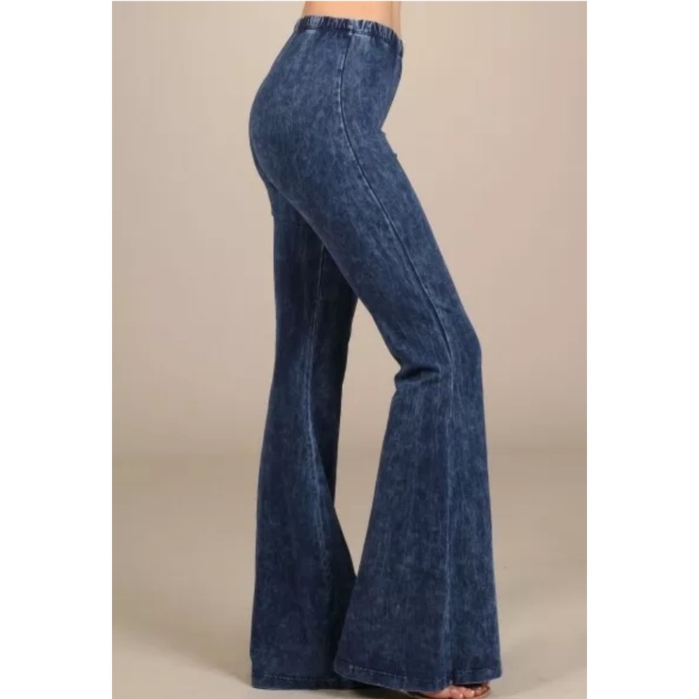 Electric Blue Boho Mineral Wash Flared Pants - Picture 3 of 6